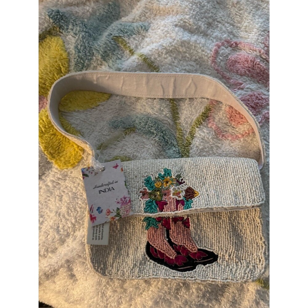 NWT Handcrafted Beaded Cowboy Boot Shoulder Bag Floral Western Flap Purse